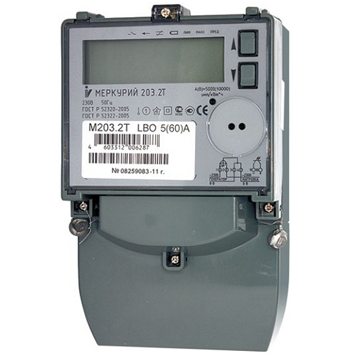 Счетчик Меркурий 203.2Т RBO 5-60А, 1.0 класс, многотарифный, оптопорт RS485, ЖКИ