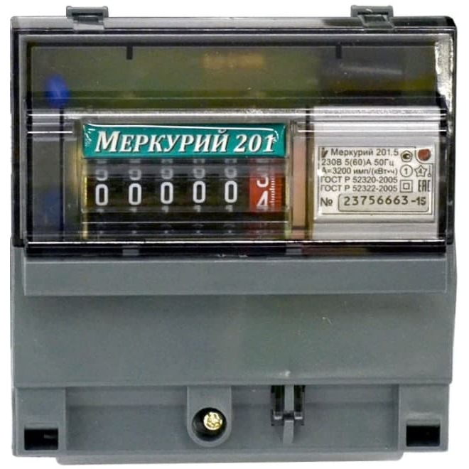 Счетчик Меркурий 201.5 1ф 5-60А 1 класс точн. 1 тариф.; имп. вых. мех