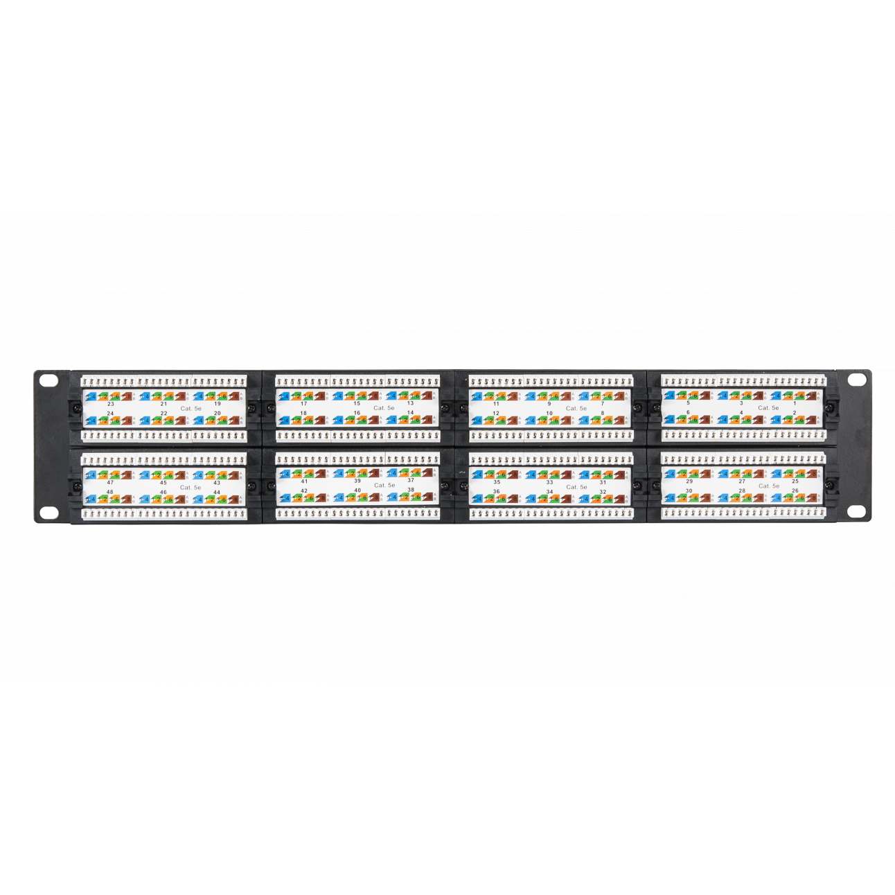 Коммутационная панель NETLAN 19, 2U, 48 портов, Кат.5e (Класс D), 100МГц, RJ45/8P8C, 110/KRONE, T568A/B, неэкранированная, черная