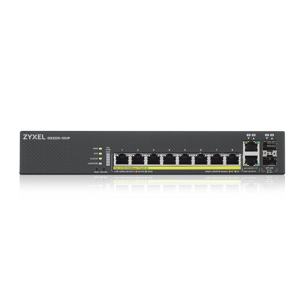 Коммутатор ZYXEL NebulaFlex Pro GS2220-10HP Hybrid L2 PoE+ Switch, 19 rack, 8xGE PoE+, 2xCombo (SFP / RJ-45), 180W PoE Budget, Standalone / Cloud Man