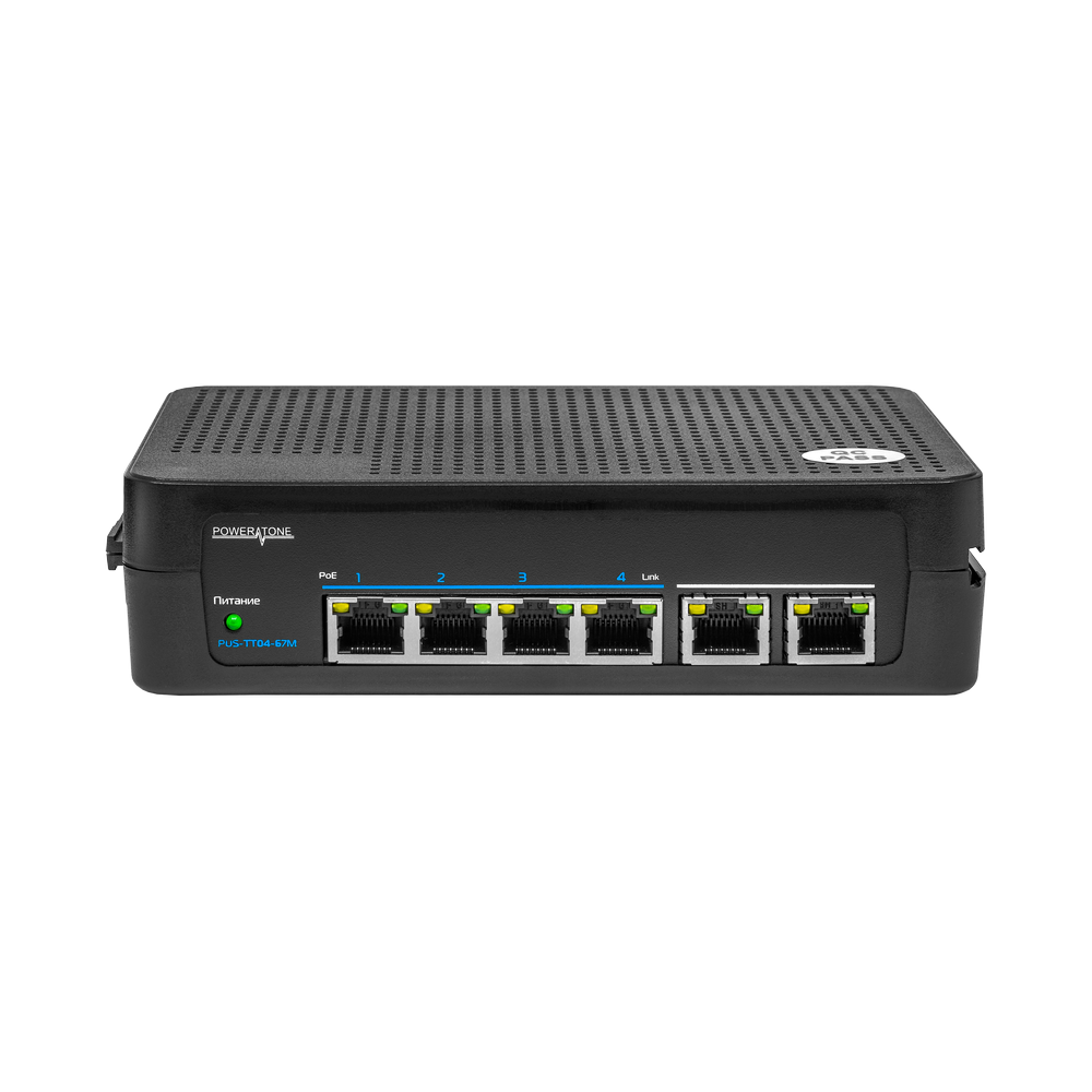 PoE коммутатор неуправляемый PUS-TT04-67M, 4x10/100BASE-TX 802.3af&at + 2x10/100BASE-TX, PoE бюджет 67Вт, до 30Вт на порт