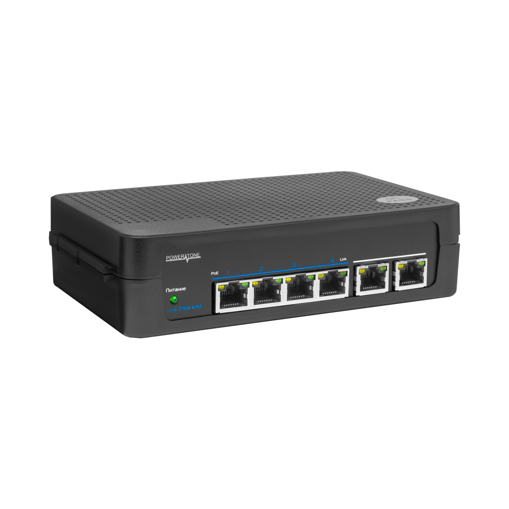 PoE коммутатор неуправляемый PUS-TT04-67M, 4x10/100BASE-TX 802.3af&at + 2x10/100BASE-TX, PoE бюджет 67Вт, до 30Вт на порт