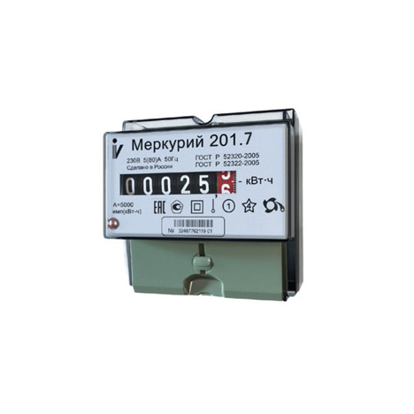 Счетчик Меркурий 201.7 1ф 5-60А 1 класс точн. 1 тариф. имп. вых. мех. табло DIN-рейка
