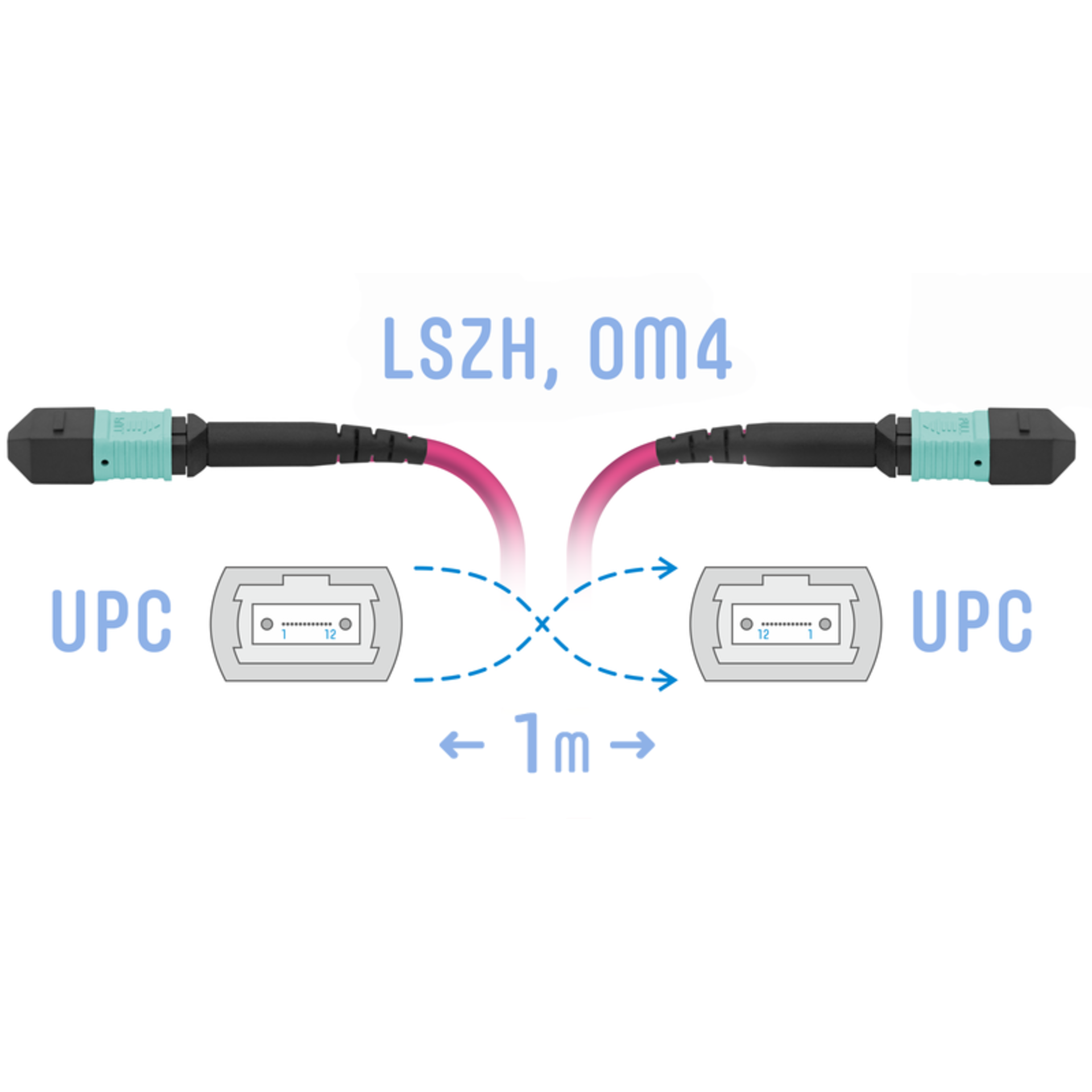 Патчкорд оптический MPO/UPC FF MM (50/125 OM4), 8 волокон, 1 метр (Cross)