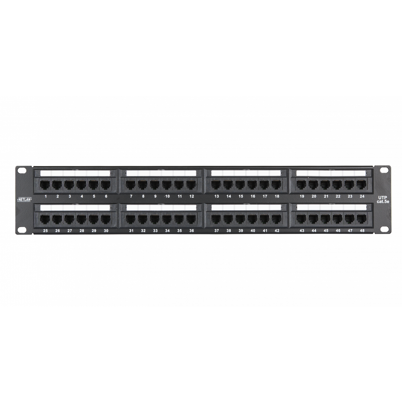 Коммутационная панель NETLAN 19, 2U, 48 портов, Кат.5e (Класс D), 100МГц, RJ45/8P8C, 110/KRONE, T568A/B, неэкранированная, черная