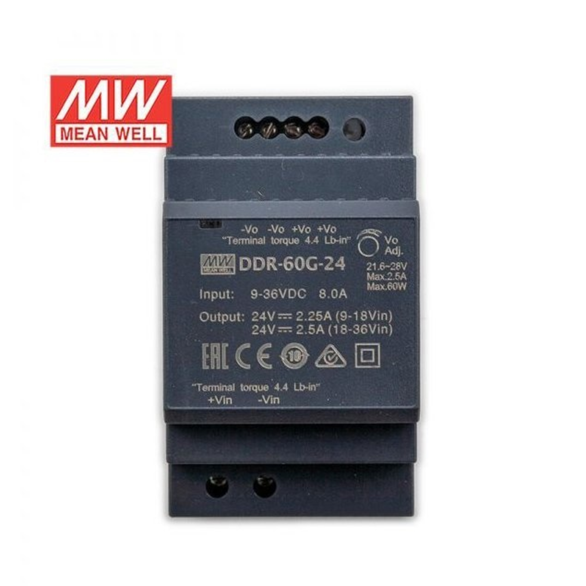 DDR-60G-24, DC/DC преобразователь, 60Вт, вход 9-36В,выход 24В/2.5А Mean Well