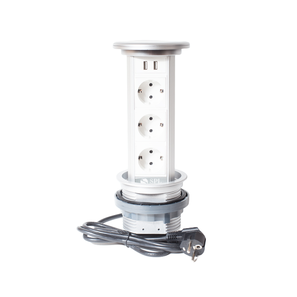 Блок розеточный настольный, 3х2К+З, 2-USB (45х45), с беспроводной зарядкой, выдвижной, алюминий, IP54