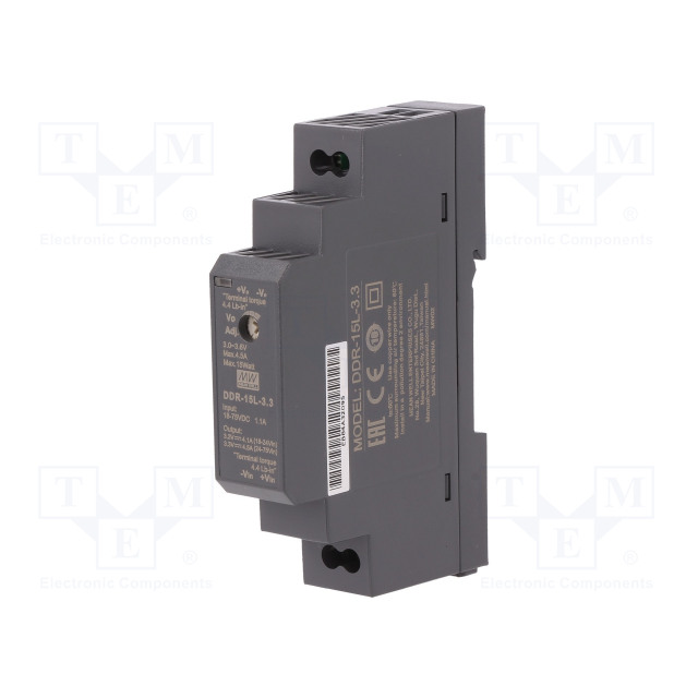 DDR-15L-3.3, DC/DC, 15 Вт, вход 18…75 В DC, выход 3,3 В/ 4,5 А, Mean Well