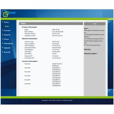 IP-телефон SNR-VP-56, поддержка PoE