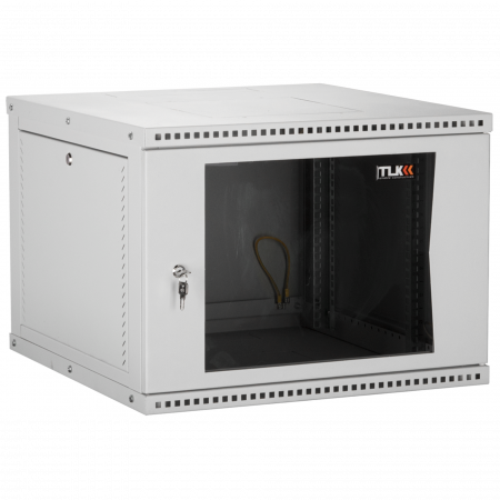 Настенный разборный шкаф TLK 19, 12U, стеклянная дверь, Ш600хВ569хГ450мм, 1 пара монтажных направляющих, серый