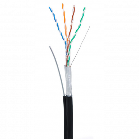 Кабель NETLAN F/UTP 4 пары, Кат.5e (Класс D), 100МГц, одножильный, BC (чистая медь), внешний, PE до -40C, с одножильным тросом, черный, 305м