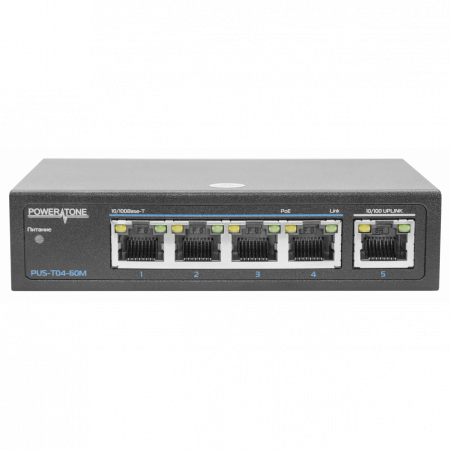 PoE коммутатор неуправляемый PUS-T04-60M, 4x10/100BASE-TX 802.3af&at + 1x10/100BASE-TX, 60Вт (следы скотча на коробке)
