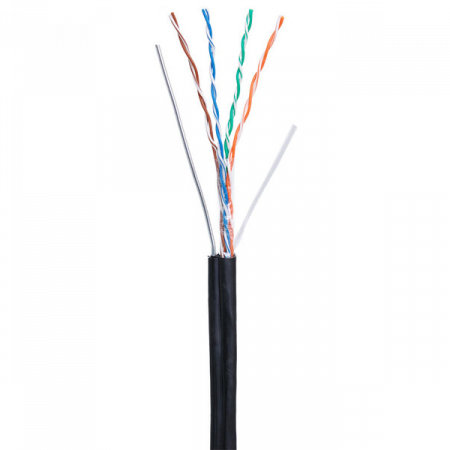 Кабель NETLAN U/UTP 4 пары, Кат.5e (Класс D), 100МГц, одножильный, BC (чистая медь), внешний, PE до -40C, с одножильным тросом, черный, 305м