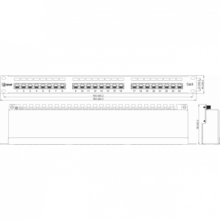 Коммутационная панель SNR, 19 экранированная, 1U, 24 порта, cat.6, горизонтальная заделка
