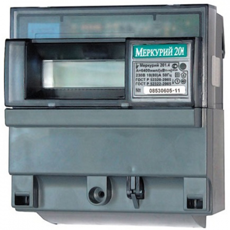 Счетчик Меркурий 201.4 1ф 10-80А 1 класс точн. 1 тариф.; имп. вых. ЖКИ DIN-рейка