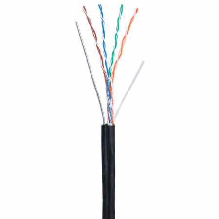 Кабель NETLAN U/UTP 4 пары, Кат.5e (Класс D), 100МГц, одножильный, BC (чистая медь), внешний, PE до -40C, с одножильным тросом, черный, 305м