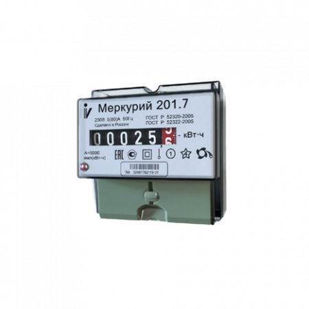 Счетчик Меркурий 201.7 1ф 5-60А 1 класс точн. 1 тариф. имп. вых. мех. табло DIN-рейка